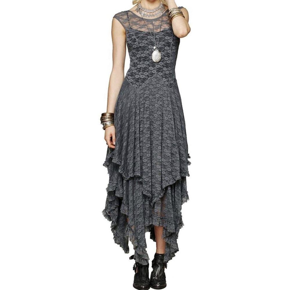 R. Vivimos Layered Ruffle Dress W/Slip, Grey, Medium